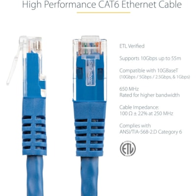 StarTech.com 50ft CAT6 Ethernet Cable - Blue Molded Gigabit - 100W PoE UTP 650MHz - Category 6 Patch Cord UL Certified Wiring/TIA - 50ft Blue CAT6 Ethernet cable delivers Multi Gigabit 1/2.5/5Gbps & 10Gbps up to 160ft - 650MHz - Fluke tested to ANSI/TIA-568-2.D Category 6 - 24 AWG stranded 100% copp  CABL 