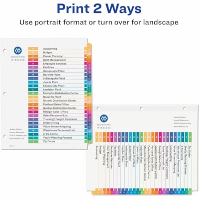 Avery® Ready Index® Table of Contents Dividers for Laser and Inkjet Printers, A-Z - 1 x Divider(s) - 26 Printed Tab(s) - Alphabet - A-Z - 26 Tab(s)/Set - 8.50" (215.90 mm) Divider Width x 11" (279.40 mm) Divider Length - Letter - 8.50" (215.90 mm) Width x 11" (279.40 mm) Length - 3 Hole Punc LASER/INK JET  MULTI-COLOUR A-Z  1 SET/PKG