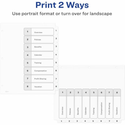 Avery® Ready Index® Table of Content Dividersfor Laser and Inkjet Printers, 8 tabs - 8 x Divider(s) - 8 Printed Tab(s) - Digit - 1-8 - 8 Tab(s)/Set - 8.50" (215.90 mm) Divider Width x 11" (279.40 mm) Divider Length - Letter - 8.50" (215.90 mm) Width x 11" (279.40 mm) Length - 3 Hole Punched  LASER/INK JET  BLACK & WHITE 8 TABS  1 SET/PKG