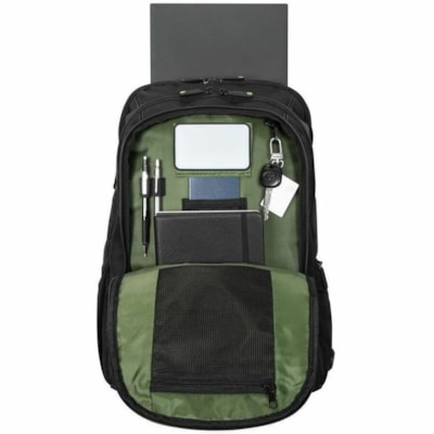 Targus Spruce EcoSmart TBB019US Carrying Case (Backpack) for 17" (431.80 mm) Notebook - Black, Green  - Bump Resistant, Drop Resistant, Water Resistant, Shock Absorbing - Polyester, Plastic Body - Checkpoint Friendly - Shoulder Strap, Trolley Strap - 10.63" (270 mm) Height x 7.48" (190 mm) Width x 0  