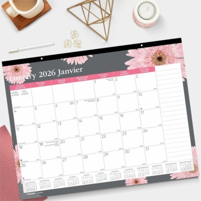 Blueline 2026 Pink Ribbon 12-Month Monthly Desk Pad/Calendar - January to December - 22" x 17" - Pink Daisy - Bilingual - Monthly, Yearly - 12 Month - January 2026 to December 2026 - 1 Month Single Page Layout - 22" (558.80 mm) x 17" (431.80 mm) Sheet Size - 2 x Holes - Desk Pad - Pink Daisy - Chipb  