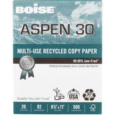 Aspen - Papier recyclé X-9 - 92 Luminosité - format lettre - 8 1/2 po (215,90 mm) x 11 po (279,40 mm) - 20 lb (9071,85 g) Poids de Base - Lisse - Sustainable Forestry Initiative (SFI) - Sans bourrage, Sans acide - Blanc - 2500 / Carton 30 % MAT. RECYC. POSTCONSOMM. 20 LB  BRILLANCE 92  2 500/CS
