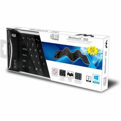 Adesso SlimTouch 232 Antimicrobial Waterproof Flex Keyboard (Full Size) - Cable Connectivity - USB Interface - 120 Key(s) - Multimedia, Internet, Email, Windows Key Hot Key(s) - Rugged - English (US) - QWERTY Layout - Computer - PC, Windows - Industrial Silicon Rubber Keyswitch - Black BD W/ HOT 