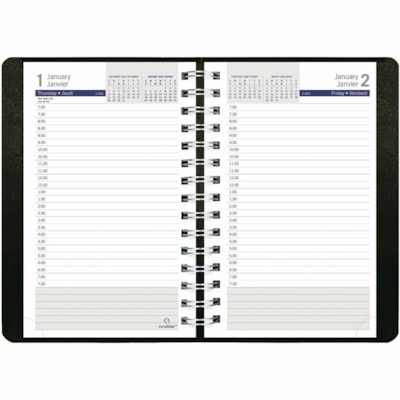 Blueline 2026 DuraGlobe 12-Month Daily Planner - January to December - 8" x 5" - Black - Bilingual - Daily - 12 Month - January 2026 to December 2026 - 7:00 AM to 7:30 PM - Half-hourly - Monday - Friday - 1 Day Single Page Layout - 5" (127 mm) x 8" (203.20 mm) Sheet Size - Twin Wire - Black - Paper,  