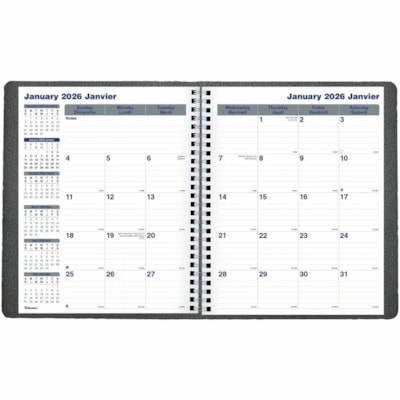 Blueline 2026 Net Zero Carbon 14-Month Planner - December to January - 9-1/4" x 7-1/4" - Black - Bilingual - Monthly - 14 Month - December 2025 to January 2027 - 1 Month Double Page Layout - 7 1/4" (184.15 mm) x 9 1/4" (234.95 mm) Sheet Size - Twin Wire - Black - Paper - Holiday Listing, Moon Phases  