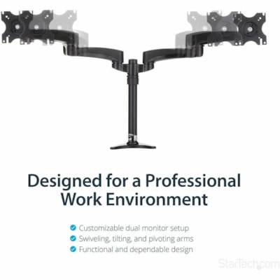 StarTech.com Desk Mount Dual Monitor Arm, Dual Articulating Monitor Arm, Height Adjustable, For VESA Monitors up to 24" (29.9lb/13.6kg) - Mount two displays on your desk or through a grommet with this desk mount dual monitor arm - Dual articulating monitor arms - Full range of motion - Adjustable he  MNT 