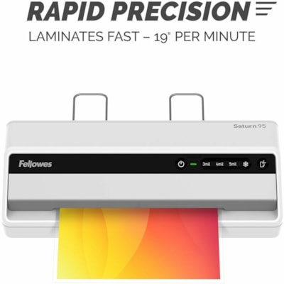 Fellowes Saturn3i 95 Laminator & Pouch Starter Kit - Pouch - 9.50" (241.30 mm) Lamination Width - 5 mil (0.13 mm) Lamination Thickness - 4.13" (104.90 mm) Height x 17.19" (436.63 mm) Width x 5.50" (139.70 mm) Depth 12"/MIN THRU SPED.60SEC WARMUP HOT & COLD. POUCH STARTER KIT