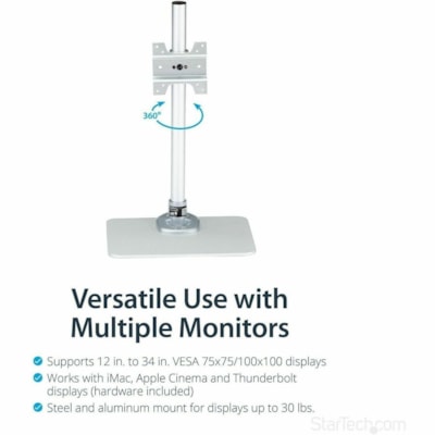 StarTech.com Single Monitor Stand, For up to 34" (30.9lb/14kg) VESA Mount Monitors, Works with iMac / Apple Cinema Displays, Steel, Silver - Mount your monitor on a desk stand, with tilt, pivot and height adjustments - Works with VESA 75x75/100x100 mount displays up to 34" including flat screen, cur  STND 