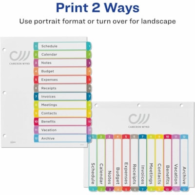 Avery® Ready Index® Customizable Table of Contents Dividersfor Laser and Inkjet Printers, 12 tabs, 1 set - 12 x Divider(s) - 12 Printed Tab(s) - Digit - 1-12 - 12 Tab(s)/Set - 8.50" (215.90 mm) Divider Width x 11" (279.40 mm) Divider Length - Letter - 8.50" (215.90 mm) Width x 11" (279.40 mm 1-12 NUMBERED TABS  PAPER CONTEMPORARY MULTI COLOURS