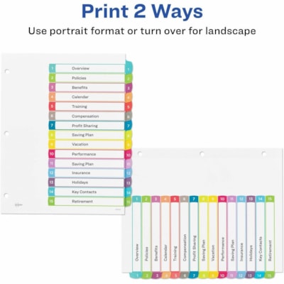 Avery® Ready Index® Customizable Table of Contents Dividersfor Laser and Inkjet Printers, 15 tabs, 1 set - 15 x Divider(s) - 15 Printed Tab(s) - Digit - 1-15 - 15 Tab(s)/Set - 8.50" (215.90 mm) Divider Width x 11" (279.40 mm) Divider Length - Letter - 8.50" (215.90 mm) Width x 11" (279.40 mm 1-15 NUMBERED TABS  PAPER CONTEMPORARY MULTI COLOURS
