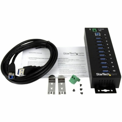 StarTech.com 10 Port Industrial USB 3.0 Hub - ESD and Surge Protection - DIN Rail or Surface-Mountable Metal Housing - Add ten USB 3.0 (5Gbps) ports with this DIN rail or surface-mountable metal hub - 15kV ESD & 350W Surge Protection - DIN Rail / Wall-Mountable USB Hub - Rugged Housing - 10 port Sup with this DIN rail or surface- mountable metal hub