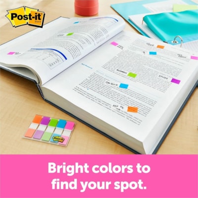 Post-it® - Languettes dans un distributeur de poche - Couleurs vives - largeur de drapeau/note 1/2 po (12,70 mm) x longueur de drapeau/note 1 3/4 po (44,45 mm) - Orange, Pourpre, Vert, Bleu, Rose - Amovible - 100 / emballage  
