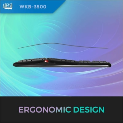 Adesso 2.4 GHz Wireless Ergonomic Trackball Keyboard - Wireless Connectivity - RF - 30 ft (9144 mm) - 2.40 GHz - USB Interface - 105 Key(s) - Next Track, Previous Track, Refresh, Search, Forward, Wake-up, Play/Pause, Volume Up, My Computer, Mute, Sleep, ... Hot Key(s) - English (US) - QWERTY Layout  s Media Ergonomic Trackball ke yboard with 20 windo