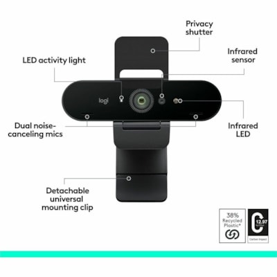 Logitech - Webcam BRIO - 90 fps - Noir - USB 3.0 - 4096 x 2160 Vidéo - Autofocus - Clip, Montage sur trépied - 5x Zoom Numérique - Microphone - Pour Ordinateur portable, Moniteur  PERP 