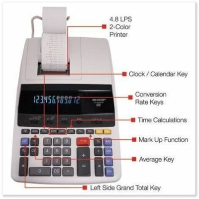 Calculatrice à imprimante EL-2630PIII Sharp - Print Noir/Rouge - Antimicrobien, Mémoire indépendante, Changement de signe, Touche Retour Arrière, Touche 00, Décimale fixe, Impression deux couleurs - 12 Chiffres - Fluorescent - Alimentation secteur Alimenté - h 12 CHIF BICOLORE MEMOIRE 4 TOU GROS CHIF ROBUSTE RUBAN 80C-BL