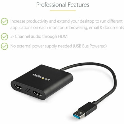 StarTech.com USB 3.0 to Dual HDMI Adapter, USB to 2x HDMI Monitor Converter for Windows (no support for macOS/ChromeOS/Linux) - TAA - Windows only; No support for macOS, ChromeOS or Linux - Works w/ Windows X86/X64/ARM (Intel, AMD, Snapdragon X Copilot+ PC) - Connect your computer to 2x HDMI monitor  