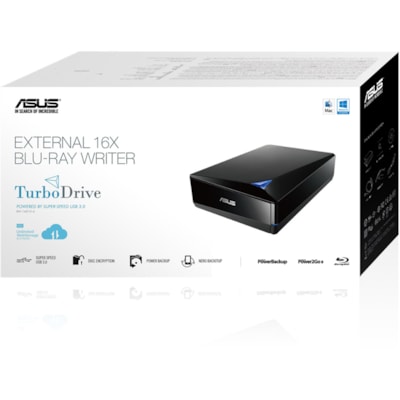 Asus Turbo Drive BW-16D1X-U Blu-ray Writer - External - Black - BD-R/RE Support - 40x CD Read/40x CD Write/24x CD Rewrite - 16x BD Read/16x BD Write/2x BD Rewrite - 16x DVD Read/16x DVD Write/8x DVD Rewrite - Quad-layer Media Supported - USB 3.0  