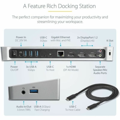 StarTech.com 4K USB-C Dock, Triple UHD 4K Monitor Docking Station, Mac & Windows, HDMI & DisplayPort, 60W PD, 5x USB 5Gbps Hub, TAA - USB-C Dock 3 video outputs, 60W PD - 4x USB-A, 1x USB-C 5Gbps, NIC, headset, K-Slot - Triple monitor on base M-Series MacBook Pro/Air - Works w/ USB-C, USB4, Thunderb  