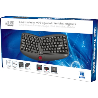 Adesso Tru-Form Media 3150 - 2.4 GHz Wireless Ergo Trackball Keyboard - Wireless Connectivity - RF - 30 ft (9144 mm) - 2.40 GHz - USB 2.0 Interface - 87 Key(s) - 20 Hot Key(s) - On/Off Switch, Connect, Play/Pause, Stop, Previous Track, Next Track, Mute, Volume Up, Volume Down Hot Key(s) - Windows Vi rgo  Mini Trackball Keyboard.  Removeable 1000 tra