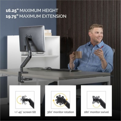Fellowes Platinum Series Single Monitor Arm - Height Adjustable - 1 Display(s) Supported - 19.7" to 32" Screen Support - 17.60 lb (7983.23 g) Load Capacity - 75 x 75, 100 x 100 - VESA Mount Compatible - Steel - 1 Unit 2 USBPORTS.CLAMP/GROMMET MOUNT HOLDS 30"/20 LBS MONITOR