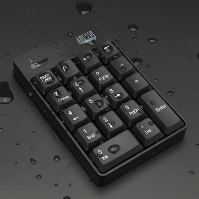 Adesso Wireless Spill Resistant 18-Key Numeric Keypad - Wireless Connectivity - RF - 30 ft (9144 mm) - 2.40 GHz - USB Interface - 18 Key(s) - Windows 10, Windows 8, Windows 7 - English (US) - Computer - PC - Membrane Keyswitch - AAA Battery Size Supported - Black t 18-Key Numeric Keypad 