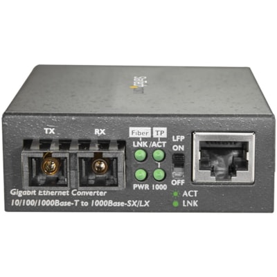 StarTech.com Single Mode SC Fiber Ethernet Media Converter - 1000BASE-LX Gigabit Fiber Optic to Copper Bridge - 10/100/1000 Network 10km - Single mode fiber Ethernet media converter extends & bridges copper networks - 10/100/1000 (Gigabit), 1000BASE-LX, 1310nm, 10km (6.2mi), Unmanaged, SMF, SC, RJ45  
