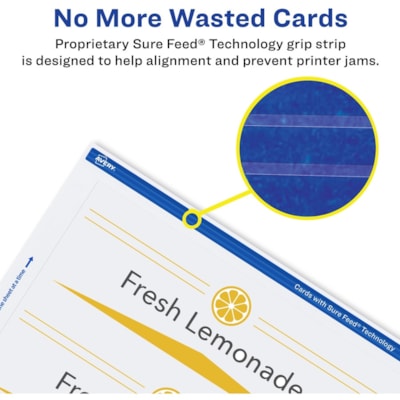 Avery® Medium Tent Cards - 97 Brightness - 2 1/2" (63.50 mm) x 8 1/2" (215.90 mm) - 65 lb (29483.50 g) Basis Weight - 176 g/m² Grammage - Embossed, Printable, Micro Perforated, Jam-free, Smudge-free, Heavyweight - White EMBOSSED CARD STOCK MED. SIZE 