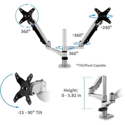 ViewSonic Spring-Loaded Dual Monitor Mounting Arm for Two Monitors up to 27" Each - 2 Display(s) Supported - 27" Screen Support - 30.86 lb (13997.86 g) Load Capacity - 75 x 75, 100 x 100 - VESA Mount Compatible onitor Mounting Arm  Full adju stability provides f
