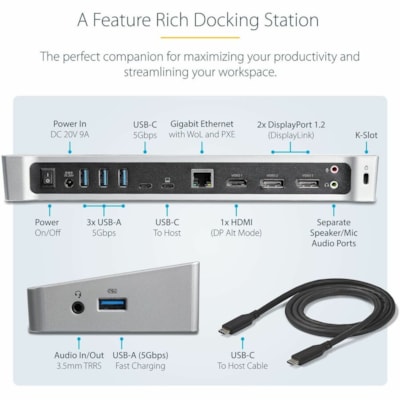 StarTech.com 4K USB-C Dock, Triple UHD 4K Monitor Docking Station, Mac & Windows, HDMI & DisplayPort, 100W PD, 5x USB 5Gbps Hub, TAA - USB-C Dock 3 video outputs, 100W PD - 4x USB-A, 1x USB-C 5Gbps, NIC, headset, K-Slot - Triple monitor on base M-Series MacBook Pro/Air - Works w/ USB-C, USB4, Thunde  