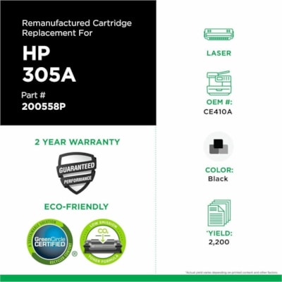 CIG Remanufactured Laser Toner Cartridge 305A (HP 305A, HP 305L, HP CE410A, HP CE410L) - Black - 1 Each - 2,200 Pages HP L/J PRO 300 COLOR M351 MFP M375; (305A); YLD 2 200