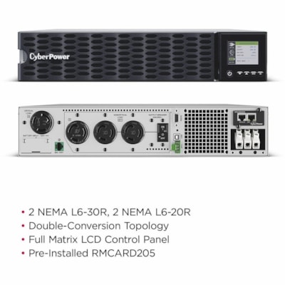 CyberPower OL5KRTHD Smart App Online UPS Systems - 200 - 240 VAC, Hardwire Terminal (NEMA L6-30P power cord included), 2U, Rack / Tower, Sine Wave, 4 Outlets, LCD, PowerPanel® Business, $300000 CEG, 3YR Warranty U 
