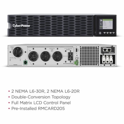 CyberPower OL6KRTHD Smart App Online UPS Systems - 6000VA/6000W, 200 - 240 VAC, Hardwire Terminal (NEMA L6-30P power cord included), 2U, Rack / Tower, Sine Wave, 4 Outlets, LCD, PowerPanel® Business, $300000 CEG, 3YR Warranty U 