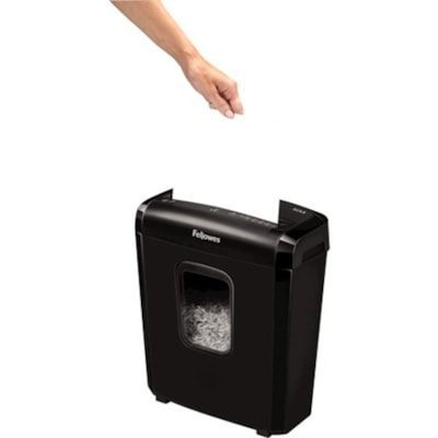 Fellowes Powershred® 6M Micro Cut Shredder - NA - Continuous Shredder - Micro Cut - 6 Per Pass - for shredding Staples, Credit Card, Paper Clip, Paper - 0.2" (3.97 mm) x 0.5" (12.70 mm) Shred Size - P-4 - 8.7" (220.98 mm) Throat - 7 Minute Run Time - 13.25 L Wastebin Capacity - Black P4. 8 75" THROAT. 3.5 GAL 5 MIN ON/30 MIN OFF.300' T/PUT