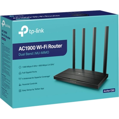 TP-Link Archer C80 Wi-Fi 5 IEEE 802.11ac Ethernet Wireless Router - 2.40 GHz ISM Band - 5 GHz UNII Band - 4 x Antenna(4 x External) - 237.50 MB/s Wireless Speed - 4 x Network Port - 1 x Broadband Port - Gigabit Ethernet - Desktop  