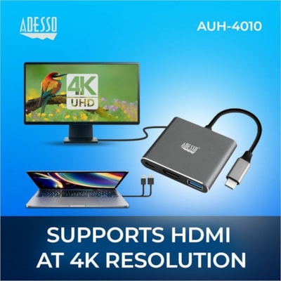 Adesso 3-IN-1 USB-C Multi-Port Docking Station (TAA Compliant) - for Notebook, Monitor, Projector, Smartphone, Tablet, TV - Charging Capability - USB Type C - 4K @30Hz - 3840 x 2160 - 2 x USB Ports - 1 x USB 3.0 - 1 x USB Type-A Ports - USB Type-A - 1 x USB Type-C Ports - USB Type-C - HDMI - Wired - Docking Station with 1xTypeC p ort  1x USB 3.0-A+PD
