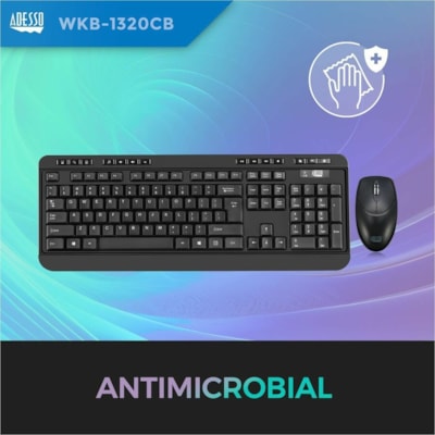 Adesso WKB-1320CB Antimicrobial Wireless Desktop Keyboard and Mouse - USB Membrane Wireless RF 2.40 GHz Keyboard - 104 Key - English (US) - Black - USB Wireless RF Mouse - Optical - 1200 dpi - Scroll Wheel - Black - Media Player, Volume Down, Volume Up, Mute, Play/Pause, Previous Track, Next Track,  p keyboard & mouse combo 