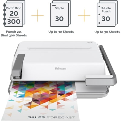 Fellowes Lyra 3-in-1 Binding Center - CombBind - 300 Sheet(s) Bind - 30 Punch - 6.03" (153.16 mm) Height x 16.63" (422.40 mm) Width x 15.56" (395.22 mm) Depth - White, Gray  