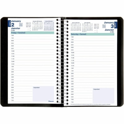 Blueline 2026 Essential 12-Month Daily Planner - January to December - 8" x 5" - Black - Bilingual - Daily - 12 Month - January 2026 to December 2026 - 7:00 AM to 7:30 PM - Half-hourly - 1 Day Single Page Layout - 5" (127 mm) x 8" (203.20 mm) Sheet Size - Spiral Bound - Black - Paper - 8" (203 mm) H  