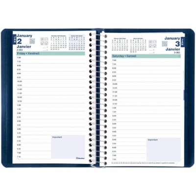Blueline 2026 Essential 12-Month Daily Planner - January to December - 8" x 5" - Navy Blue - Bilingual - Daily - 12 Month - January 2026 to December 2026 - 7:00 AM to 7:30 PM - Half-hourly - 1 Day Single Page Layout - 5" (127 mm) x 8" (203.20 mm) Sheet Size - Spiral Bound - Blue - Paper - 8" (203 mm  