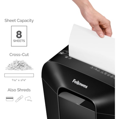 Fellowes LX45 Cross-cut Shredder - Non-continuous Shredder - Cross Cut - 8 Per Pass - for shredding Staples, Paper, Paper Clip, Credit Card - 0.2" (3.97 mm) x 1.6" (39.69 mm) Shred Size - P-4 - 6 Minute Run Time - 20 Minute Cool Down Time - 15.14 L Wastebin Capacity - Black CROSS CUT FOR PERSONAL USE