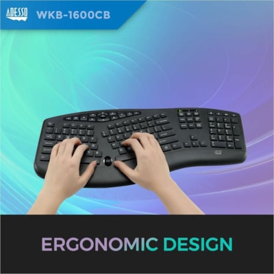 Adesso TruForm 1600 Wireless Ergonomic Keyboard and Optical Mouse - USB Membrane Wireless RF 2.40 GHz Keyboard - 104 Key - English (US) - Black - USB Wireless RF Mouse - Optical - 1600 dpi - Scroll Wheel - Black - Home, Back, Forward, Search, Email, Sleep, Wake-up, Power, Media Player, Calculator, P Wireless Ergonomic Desktop Key board  with low prof