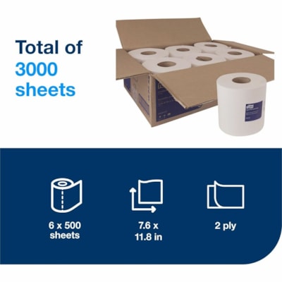 TORK Centerfeed Paper Towel White M2 - 2 Ply11.82" (300.23 mm) Length - 600 Sheets/Roll - 7.80" (198.12 mm) Roll Diameter - 2.90" (73.66 mm) Core - White - Fiber - 6 / Carton WHITE 2-PLY 7.6"X492' 500 SHEETS/ROLL