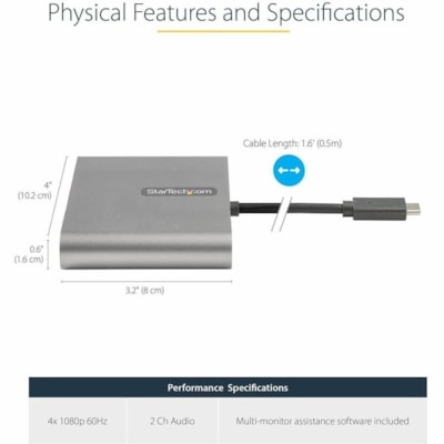StarTech.com USB C to Quad HDMI Adapter, USB-C to 4x HDMI Monitor Converter for Windows (no support for macOS/ChromeOS/Linux) - TAA - Windows only; No support for macOS, ChromeOS or Linux - Works w/ Windows X86/X64/ARM (Intel, AMD, Snapdragon X Copilot+ PC) - Connect your USB-C computer to 4x HDMI m  CABL 