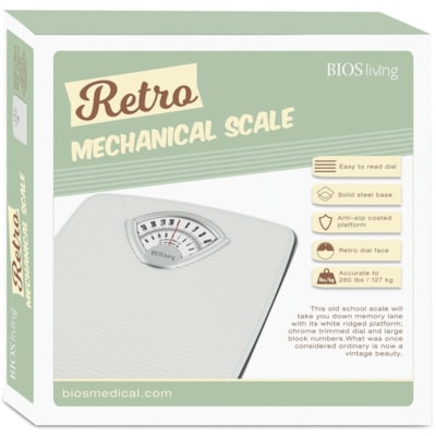 BIOS Living Retro Mechanical Scale - 280 lb (127005.86 g) / 279.99 lb (127000 g) Maximum Weight Capacity - White, Chrome 280 LBS CAPACITY SOLID STEEL CONSTRUCTION