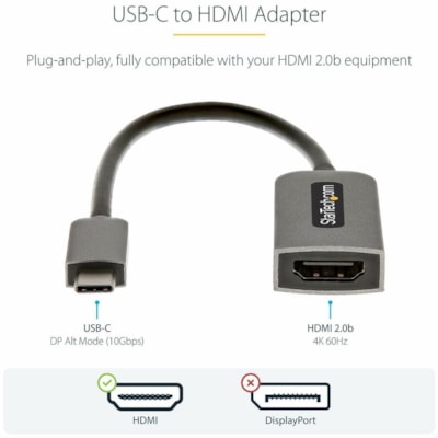 StarTech.com USB C to HDMI Adapter Dongle, 4K 60Hz, HDR10, USB-C to HDMI 2.0b Converter, USB Type-C DP Alt Mode to HDMI Monitor/Display - USB C to HDMI video adapter dongle w/ HDR10 - 4K 60Hz (3840x2160)/1080p/HBR3/18Gbps/2ch Audio/HDCP 2.2 - USB Type-C to HDMI adapter w/ EMI shielding - USB-C to HD HDR10 