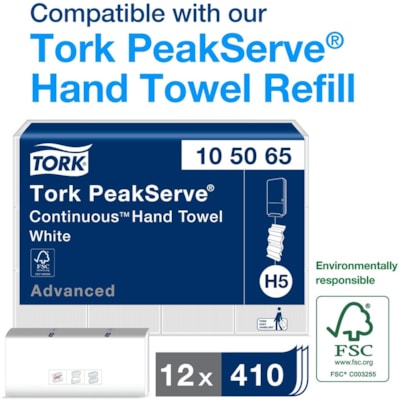 TORK - Distributeur de serviettes en papier PeakServe - Dispenser Blanc Enchevêtré, Pli zig zag - hauteur de 17,72 po (450,09 mm) x largeur de 14,37 po (365 mm) x profondeur de 3,80 po (96,52 mm) - Plastique - Résistant aux déchirures, Rechargeable - 1 emballage CAB TOWEL ADAPTER ABS WHITE DISPENSER