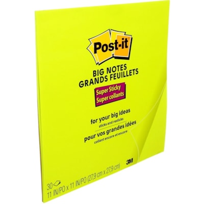 Post-it® - Adhesive Note Super Sticky - largeur de drapeau/note 11 po (279,40 mm) x longueur de drapeau/note 11 po (279,40 mm) - Carré - 30 Feuilles par bloc - Vert - Recyclable, Portable - 30 / bloc  