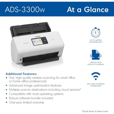 Brother ADS-3300W Sheetfed Scanner - 600 x 600 dpi Optical - 48-bit Color - 40 ppm (Mono) - 40 ppm (Color) - PC Free Scanning - Duplex Scanning - USB  