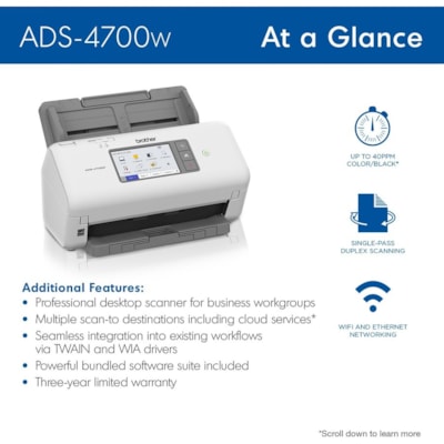 Brother - Numériseur à défilement ADS-4700W - 600 x 600 dpi Optique - 48 Bits Couleur - 40 ppm (Mono) - 40 Page(s) Par Minute (mode Couleur) - Numérisation recto-verso - USB  
