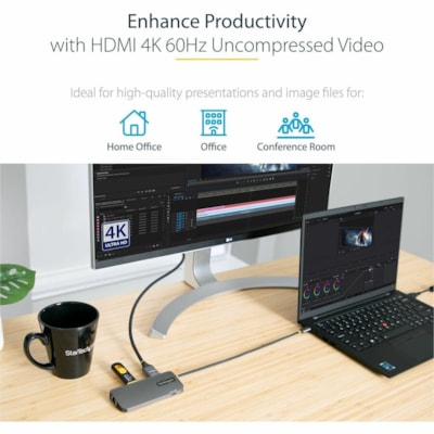 StarTech.com USB C Multiport Adapter, 4K 60Hz HDMI HDR10 Video, 3 Port 5Gbps USB 3.2 Hub, 100W PD PassThrough, GbE, Mini Travel Dock - USB C multiport adapter to 4K 60Hz HDMI video HDR with DP 1.4 Alt-Mode - 3x USB-A 5Gbps | 100W USB PD Pass-Through laptop charging - 12in cable - Portable Type-C min ZACCS 